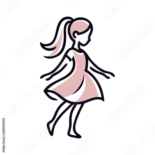 Logotipo de boutique de moda femenina. Dibujo minimalista con líneas y relleno de una chica andando con un vestido