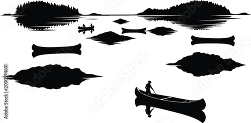 Silhouette of kayaks and islands on calm water at sunset