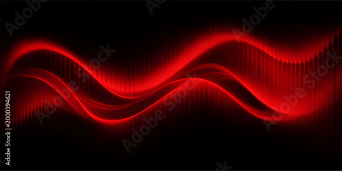 An abstract rendering of luminous red waves gracefully flow and surge against a backdrop of deep black. The piece evokes a sense of energy, and mystery.