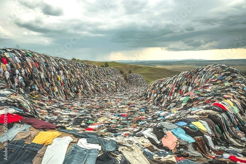 massive pile of discarded clothing dumped. Fast fashion waste crisis