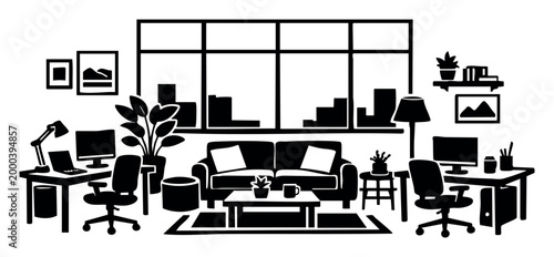 Modern coworking space or living room blending work and relaxation areas with furniture, computers, and home decor