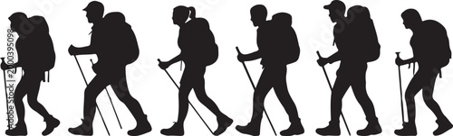 Seven Black Silhouettes of Hikers with Backpacks and Poles Keywords: hiker, silhouette, backpack