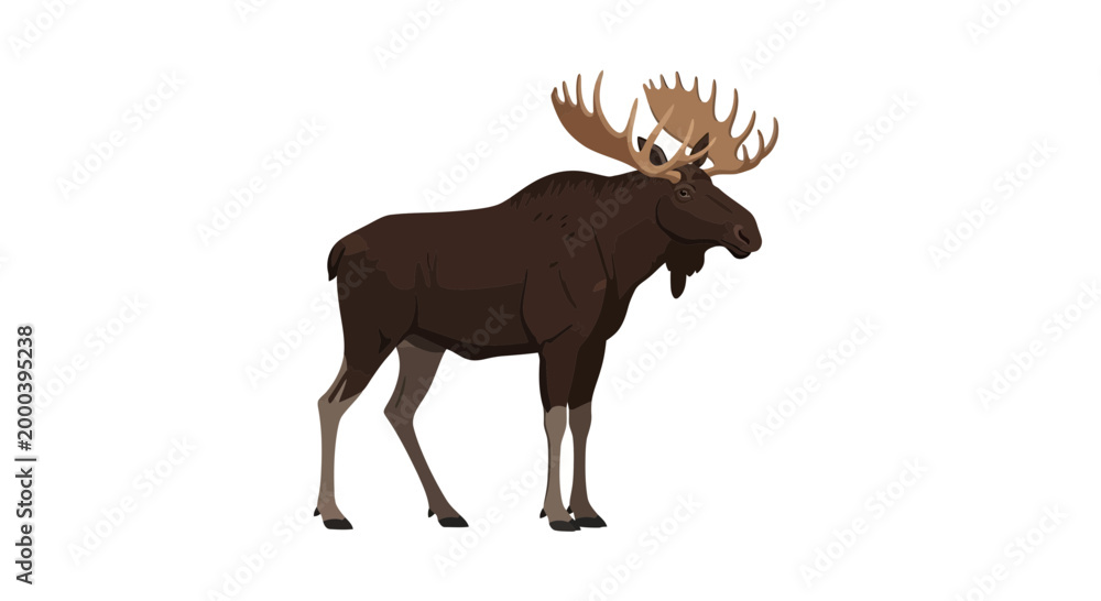 Fototapeta premium Majestic Moose Illustration in Flat Design Style, a Large Brown Mammal with Impressive Antlers Standing Gracefully, Perfect for Wildlife and Nature Themes