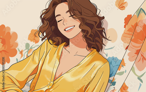Cozy retro illustration of a smiling curly haired woman relaxing
