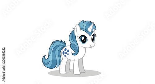Adorable white cartoon pony character illustration with vibrant blue mane, tail, and distinctive markings, standing on a clean, bright isolated background