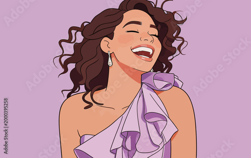 Joyful curly haired woman in purple ruffled dress laughing happily