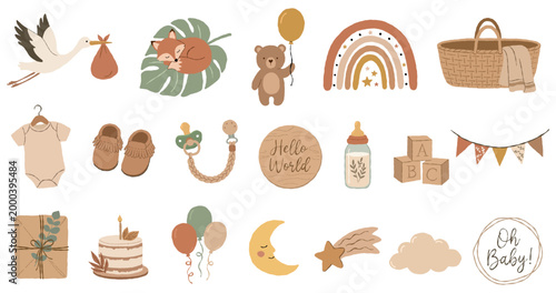Boho neutral baby shower icon set. Newborn nursery milestones: stork, fox. Rainbow, onesie, cake, gift, moon.