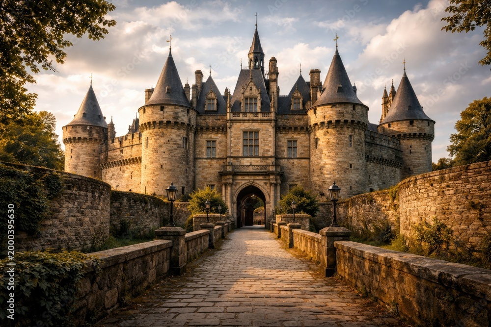 Obraz premium Classic vintage facade of a centuries old European castle surrounded by stone walls