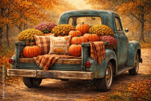 Illustration of a vintage truck showcasing fall pumpkins, colorful mum flowers, and decorative pillows