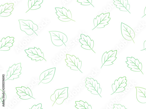 緑のグラデーションの葉っぱの線画のパターン背景