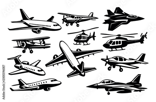 Aircraft collection presenting various flying vehicles including commercial airliners, private jets, biplanes, helicopters, and fighter jets