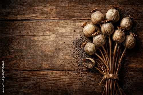 Dried poppy seed pods on te...