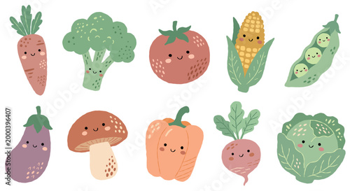 Cute kawaii vegetables set. Healthy organic food characters include broccoli corn tomato carrot. Asparagus cauliflower onion icons.