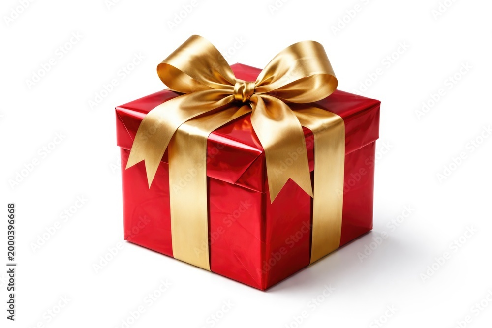 Fototapeta premium Decorative red wrapped gift with a glossy gold ribbon placed on a pure white background