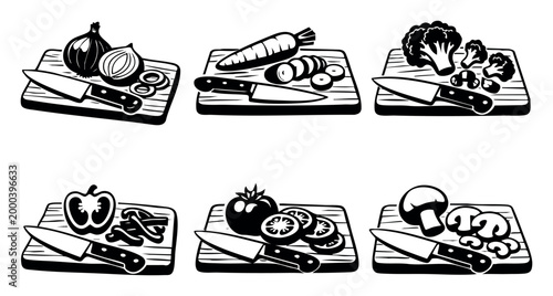 Six different illustrations showing various vegetables being cut on wooden boards, preparing ingredients for meals