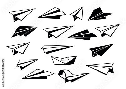 Paper airplanes and a paper boat icon collection on white background, representing ideas, journey, freedom, and creativity