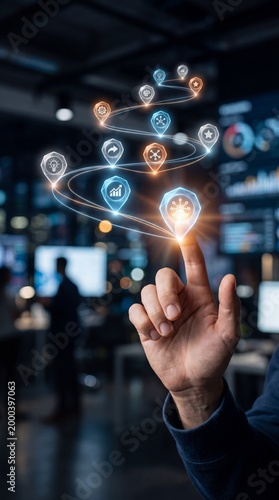 A hand reaching out to touch a floating digital interface with glowing icons representing data and analytics in a modern workspace