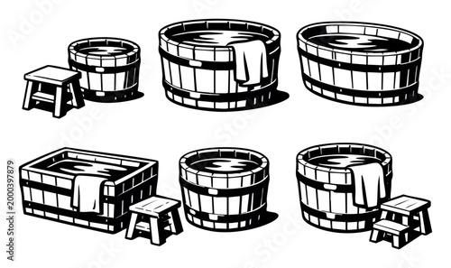 Wooden bathtubs and bathing barrels with water and towels, including stools, creating a traditional spa and sauna hygiene icon set