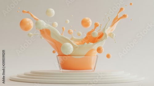 A dynamic splash of orange and white liquid with floating spheres.
