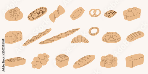 Bread icon vector set. Bakery or shop symbol, logo of pastry illustrations in line art. Flat design for breakfast, cafe.