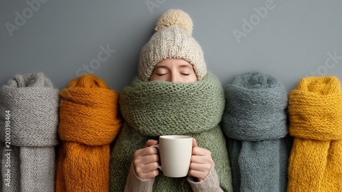 Woman in Warm Knitted Scarves and Hat Holding White Coffee Mug Symbolizing Winter Comfort and Cozy Lifestyle at Home