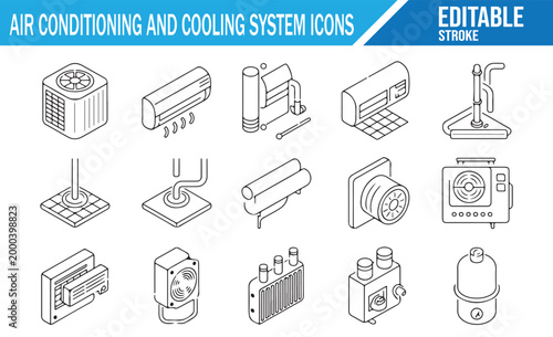 Air Conditioning and Cooling System Line Icons Set for HVAC Equipment Design