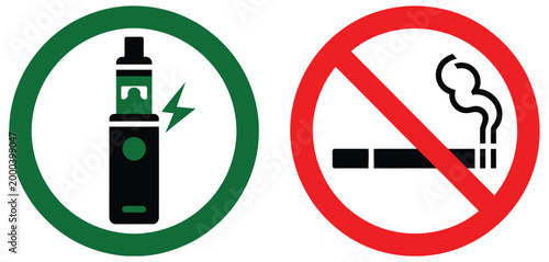 No smoking no vaping sign set vector graphic featuring clear prohibition icons for tobacco and e-cigarette use, safety regulation signage for offices, hospitals, schools, and public spaces, designed