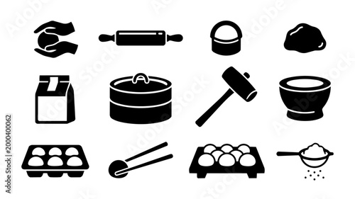 Mochi Making Silhouette Set – Japanese Dessert Tools and Ice Cream Production Icons