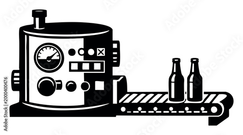 Automated manufacturing process with a bottling machine processing items on a conveyor belt, symbolizing industrial production and efficiency