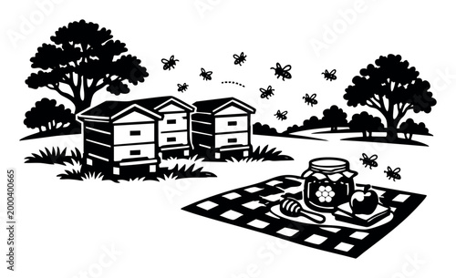 Bees are flying near an apiary with honeycombs, a jar of honey, and an apple sandwich on a picnic blanket outdoors