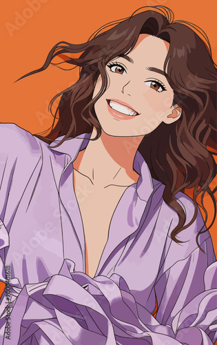Smiling curly haired woman in purple sleepwear against orange background