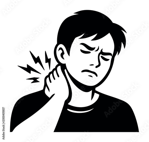 Man in agony, holding his neck with a pained look on his face. Represents the idea of physical suffering, ailment, and unease