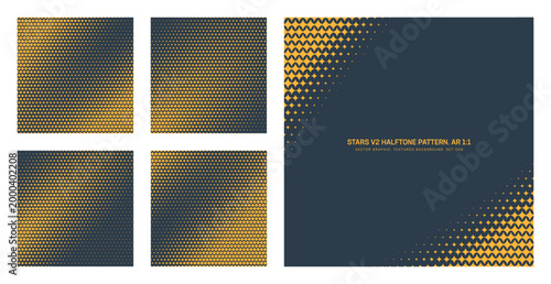 Assorted vector yellow dark blue stars grid halftone pattern set in square 1:1 aspect ratio including diagonal elliptical frame and various smooth tilted textures. Half tone design elements collection