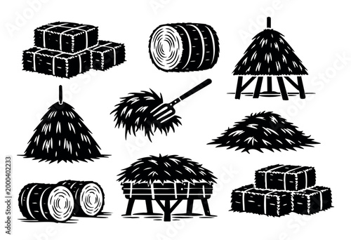 Hay and straw bales, loose hay piles, traditional haystacks, and a pitchfork cultivating hay, representing farming and harvest