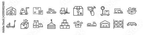 Logistics and warehouse line icon set, 20 shipping and delivery vector elements, industrial storage and distribution symbols for supply chain management