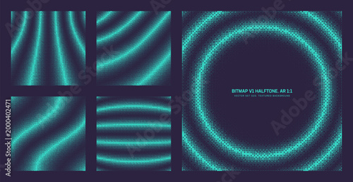 Assorted vector bitmap cyan halftone pattern set in square 1:1 aspect ratio including concentric frame and various striped curved textures. Varied retro styled pixel art graphic design elements bundle
