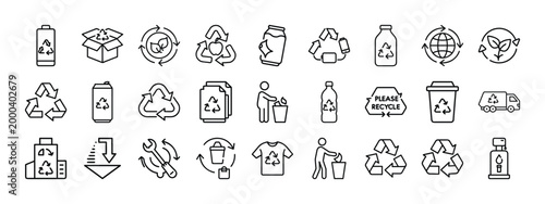 Recycling line icons set, 27 eco-friendly waste management vector symbols, sustainable environment and circular economy outline graphics for green branding