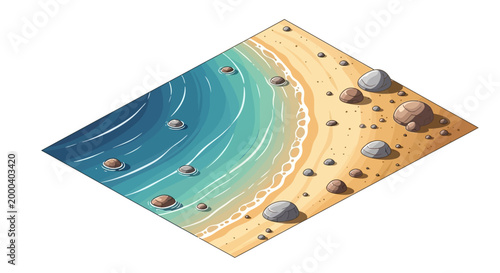 Isometric illustration of a sandy beach with clear turquoise water and scattered rocks, rendered in a vector design with bright, cheerful colors against a clean white background