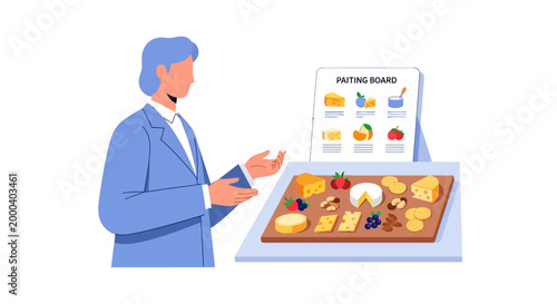 Expert presents cheese tasting board with fruits and nuts, educational display