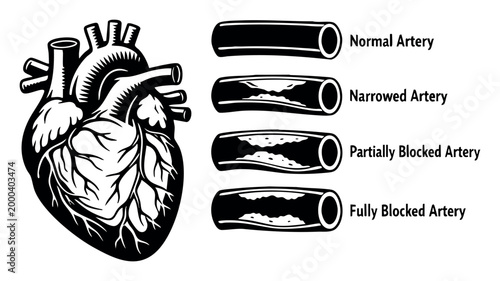 Explaining progression of heart artery disease, illustrating plaque building up and narrowing blood flow causing cardiovascular health issues