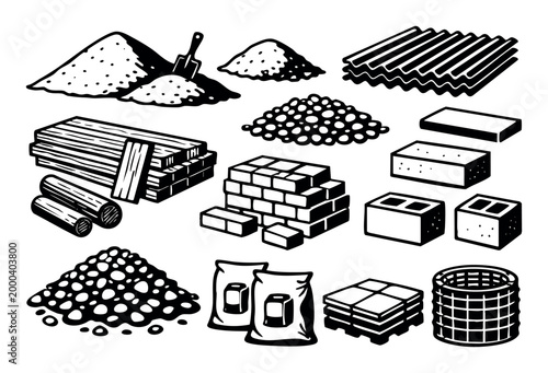 Collection of common building supplies in black and white icons, useful for architecture, engineering, and DIY projects