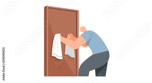 Man cleaning door with cloth, hygiene, home maintenance, domestic chores, wiping surface