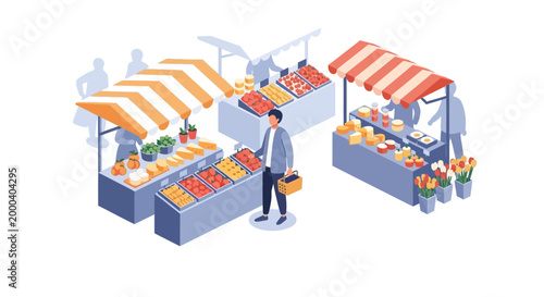 People shopping at outdoor farmer's market with fresh fruits and vegetables