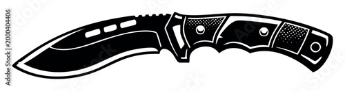 Black and white tactical knife featuring a sharp, curved blade and textured handle, representing outdoor adventure and utility