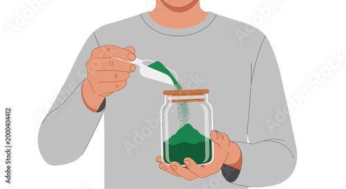 Person scooping green powder from jar, healthy lifestyle, superfood supplement, wellness concept