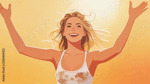 Joyful young woman celebrating with open arms in warm sunlight