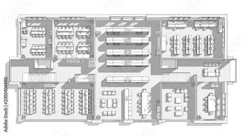 Office floor plan with workstations, meeting rooms, and common areas