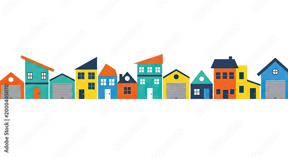 Fototapeta premium Colorful cartoon houses row on white background architectural design