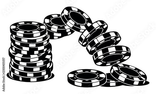 Poker chips falling from a tall stack, representing risk, betting, and winning outcomes in a casino gambling game
