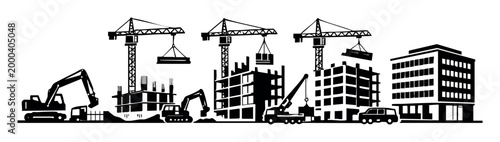 Construction site silhouettes illustrating the phased development of a building from ground preparation to a completed structure